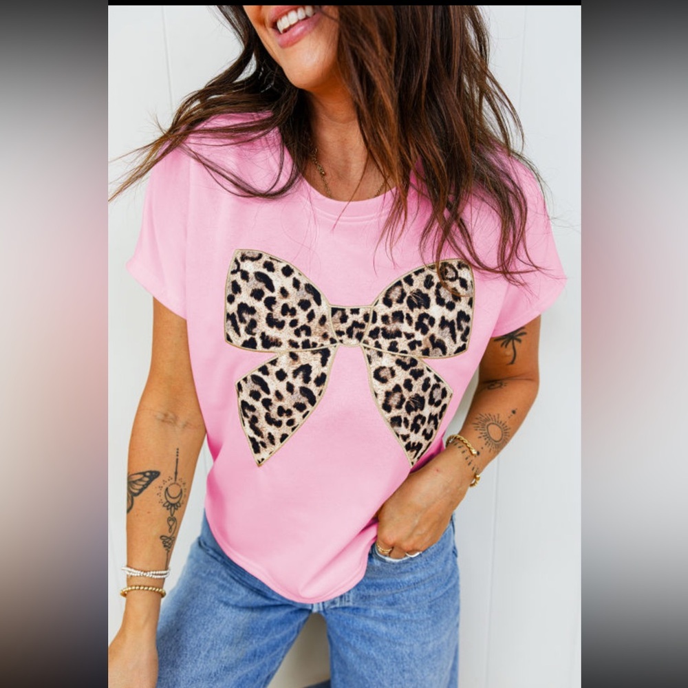 1154. Leopard bow embroidered Applique short sleeve t-shirt pink